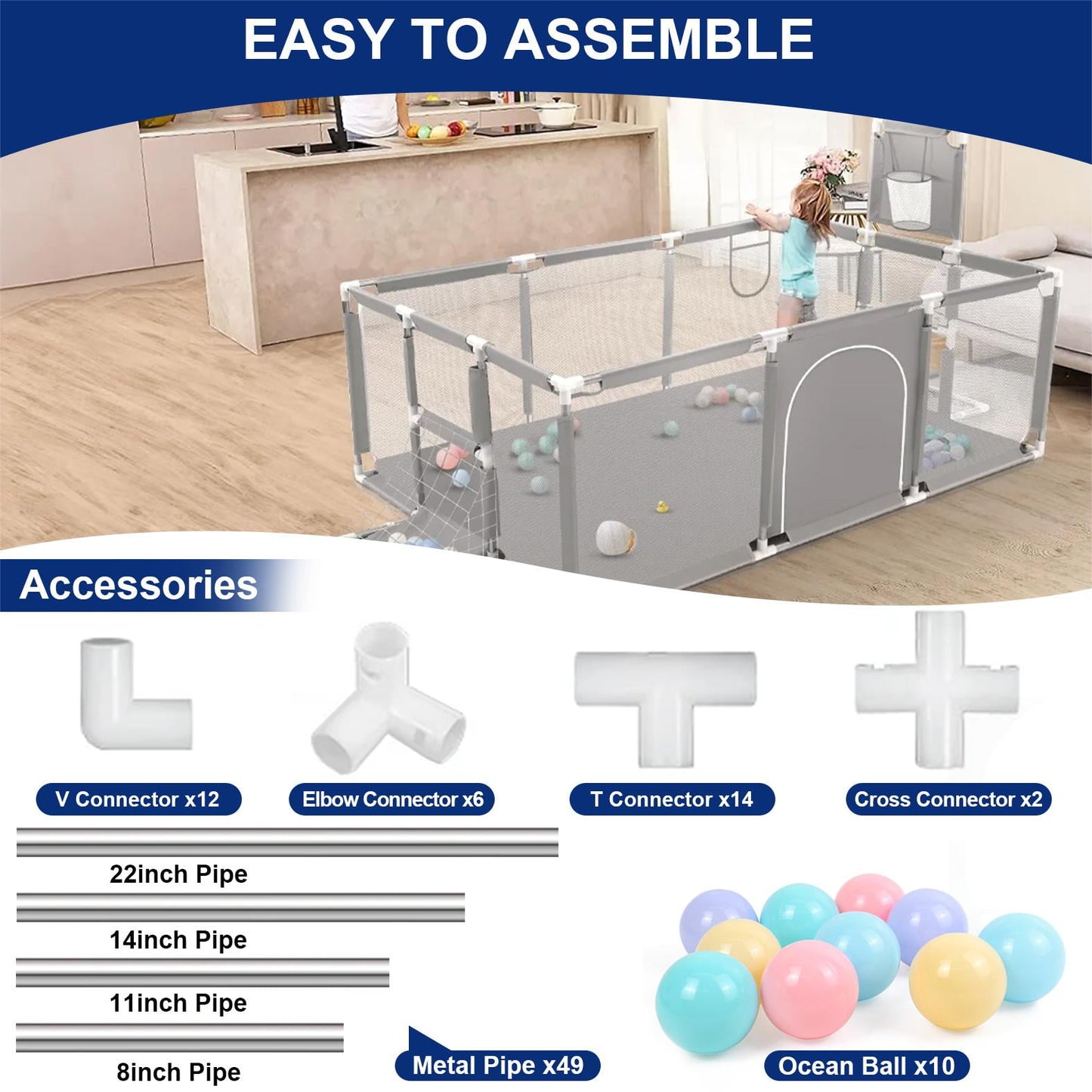 Extra Large Playpen For Toddlers, 71 Inch Baby Playpen With Basketball Hoop, No Gap Kids Playpen Fence Play Area With Door/Soccer Net, Ball Pits For Toddlers, Infant Safety Gates(No Balls)