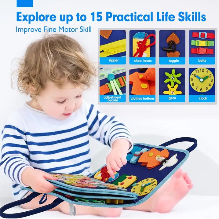 Busy Book Montessori Sensory Board for 1 Year Old Educational Activity Board Felt Quiet Book Baby 1-4, Girls Boys Toddlers Learning Fine Motor Skills, Travel Airplane Car, Blue Dinosaur