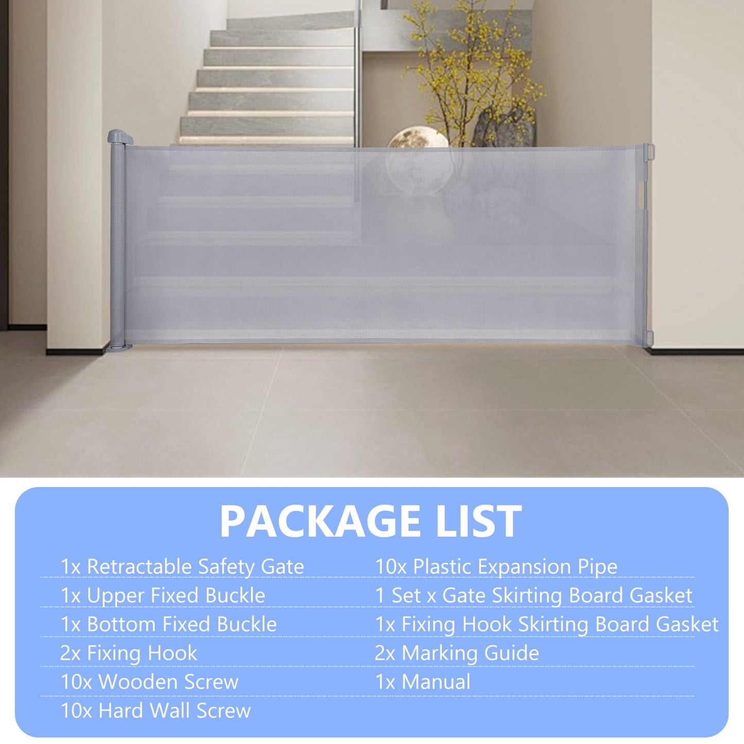 Retractable Baby Gate 35"x138" Extra Wide Mesh Dog Gate Child Safety Gate for Doorways, Indoor Outdoor Stairs, Gray