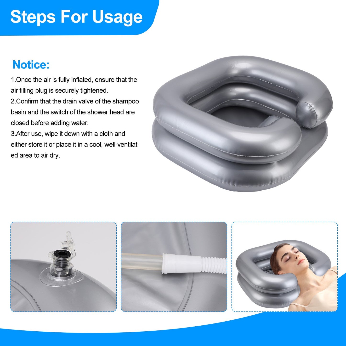 Inflatable Shampoo Bowl Foldable Wide Neck Opening PVC Portable Shampoo Basin with 39inch Drain Hose for Home Travel