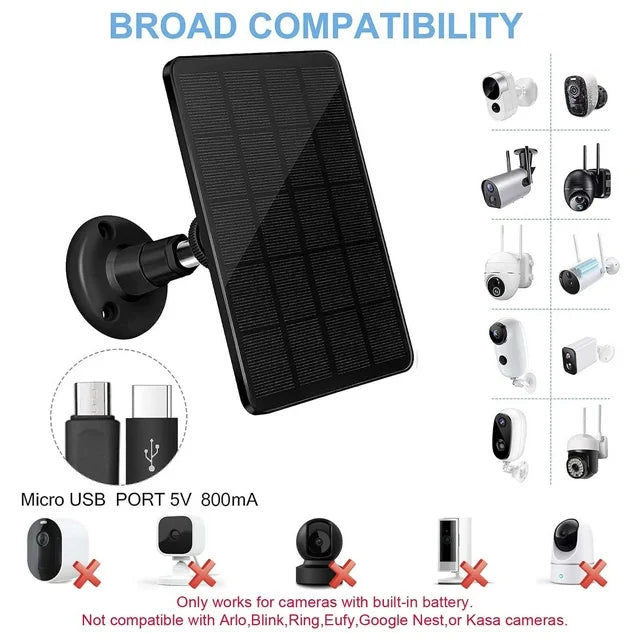 Solar Panel for Security Camera, 4W USB Solar Panel for DC 5V Outdoor Rechargeable Battery Camera, IP65 Waterproof, Support Micro USB & USB C Port with 9.8ft Cable, Adjustable Security Mount, Black