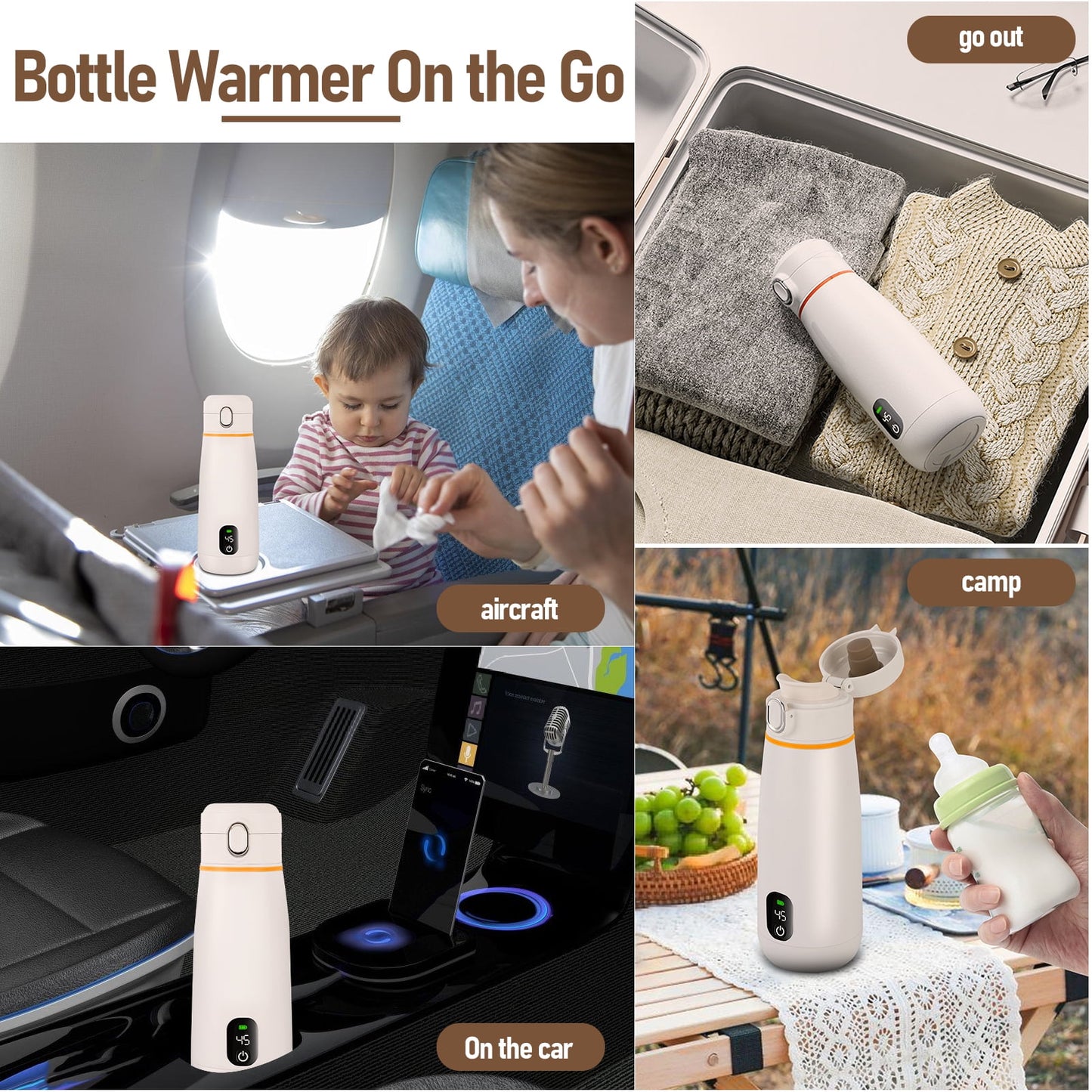 Portable Bottle Warmer for Travel 12oz/350ml Capacity Portable Milk Warmer for Baby Breast Milk & Water, Rapid Warming with LED Display
