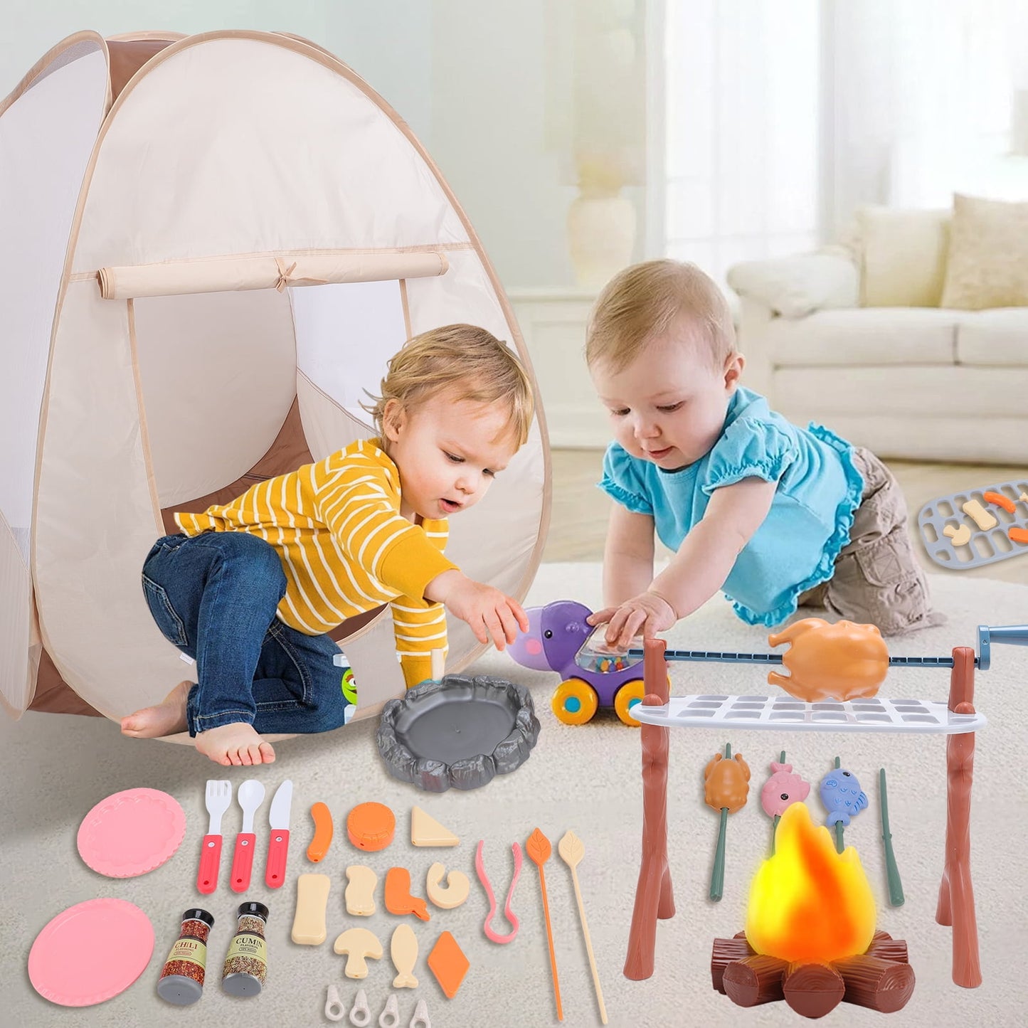 Camping Toy Set with Play Tent, Campfire, 39Pcs BBQ Toys with Pop up Tent Indoor Outdoor for Toddlers 3 4 5 Year Old
