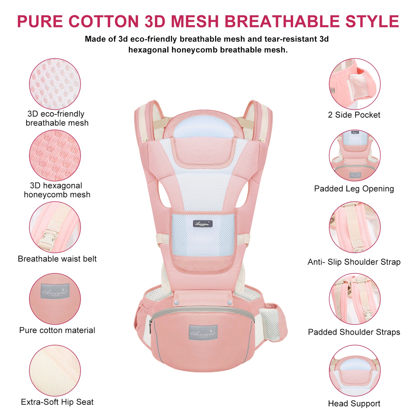 Baby Carrier with Hip Seat, 6 in 1 Adjustable Baby Holder Carrier Lumbar Support Ergonomic Toddler Carrier for Travel Hiking, Pink