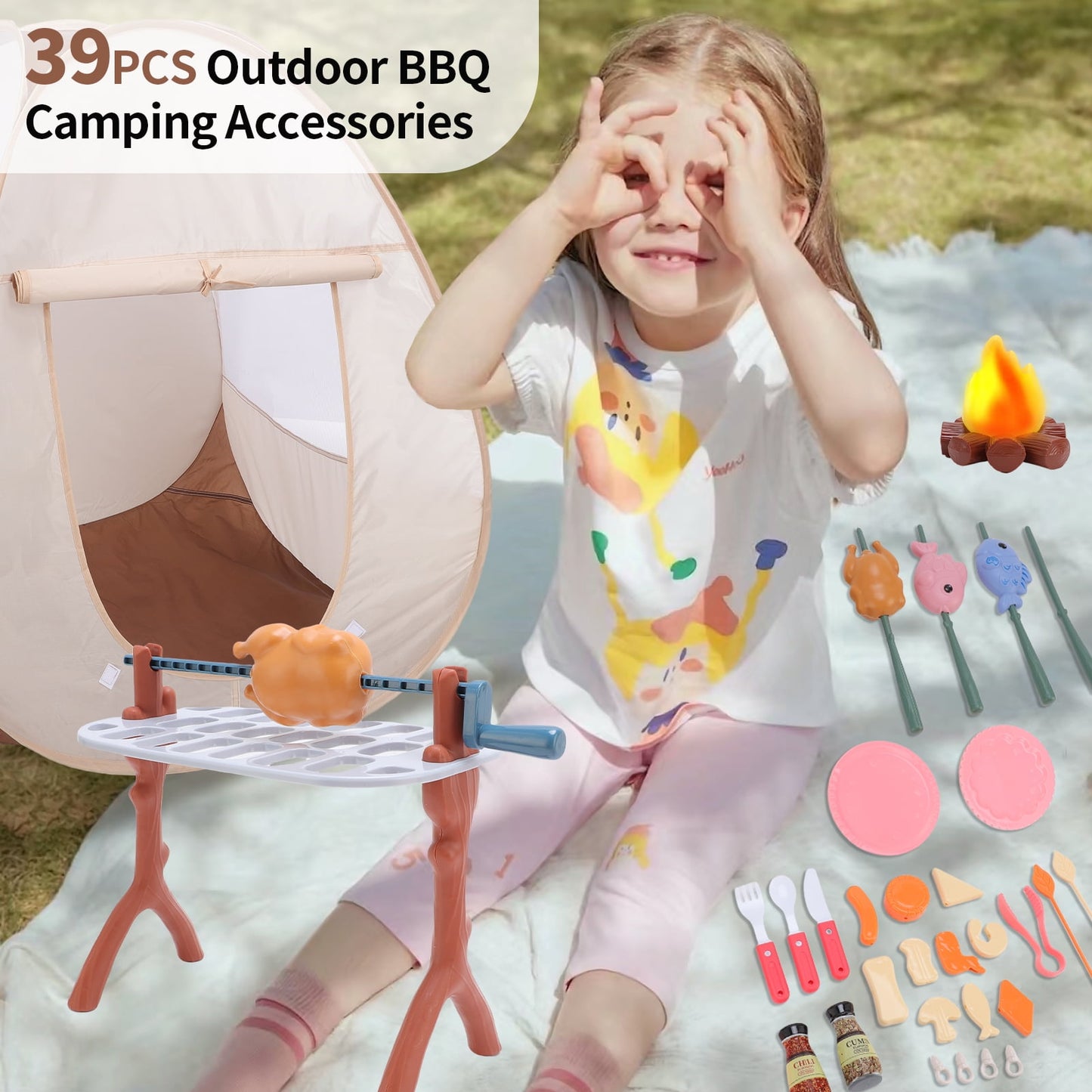 Camping Toy Set with Play Tent, Campfire, 39Pcs BBQ Toys with Pop up Tent Indoor Outdoor for Toddlers 3 4 5 Year Old