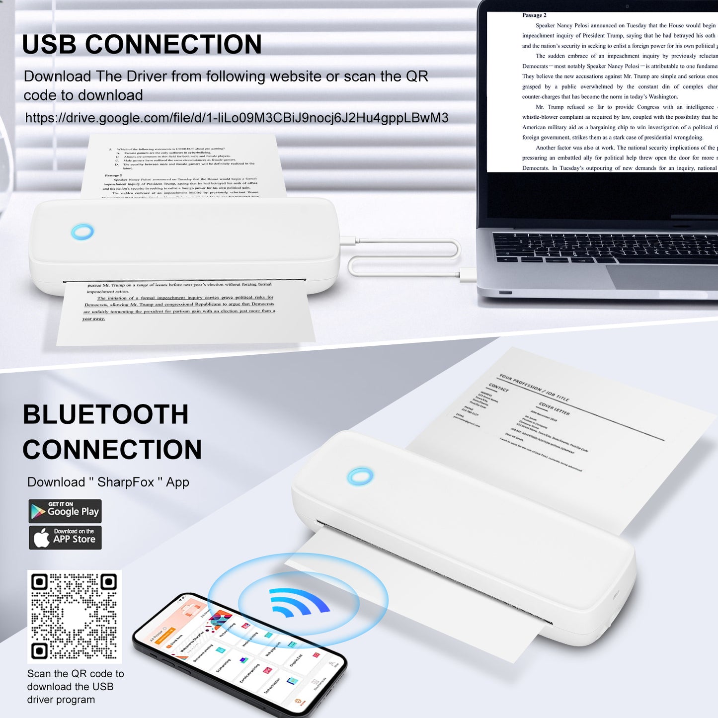 Wireless Portable Printers, Bluetooth Thermal Printer Support 8.5" X 11" US Letter & A4 Thermal Paper, Inkless Printer Compatible with Android iOS & Laptop for Travel Office Car Home, White