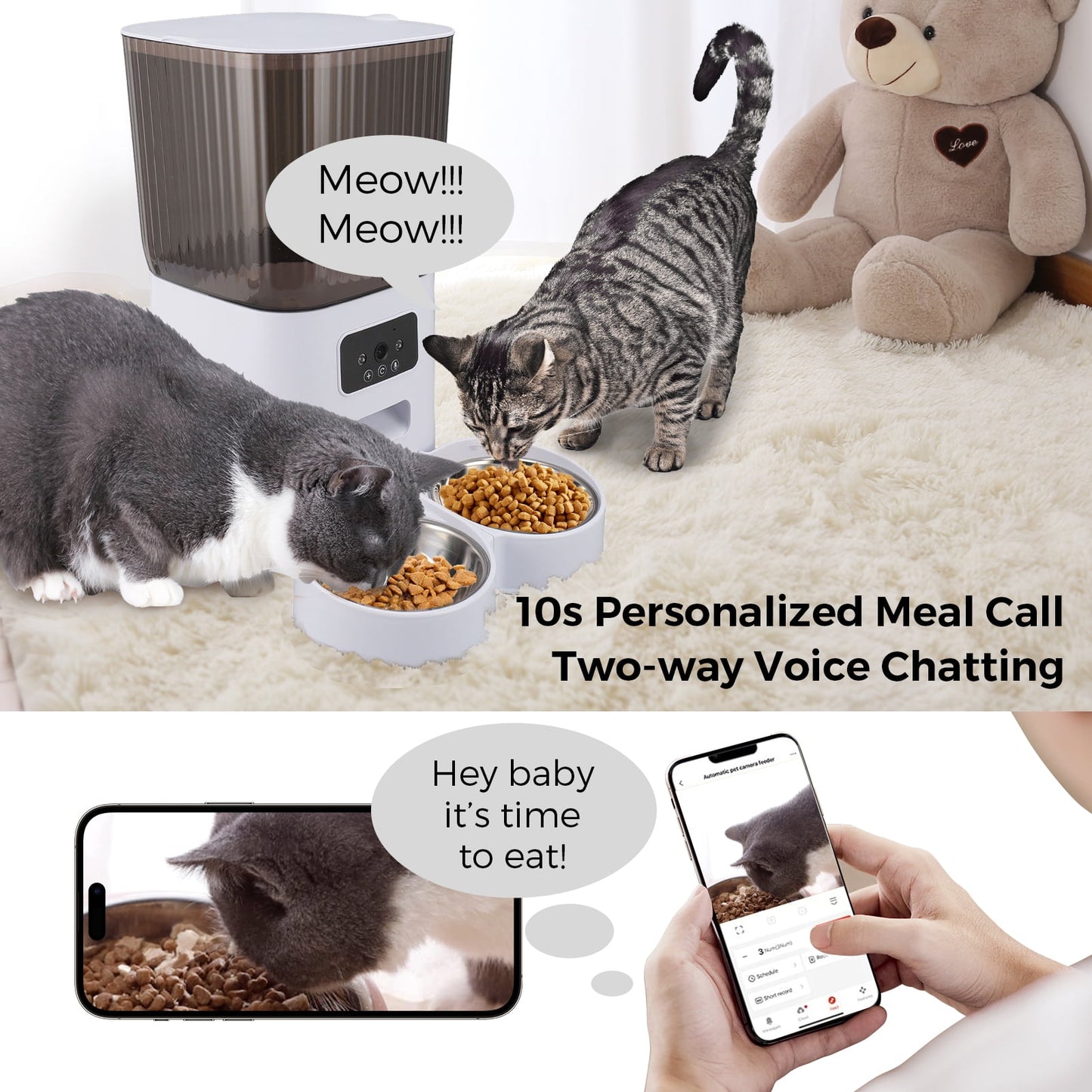 Smart Camera Automatic Cat Feeder for 2 Cats, 5L Food Dispenser with 2 Stainless Steel Bowl,Timed Programmable 1-6 Meals Control, Dual Power Supply,10s Meal Call, APP Control