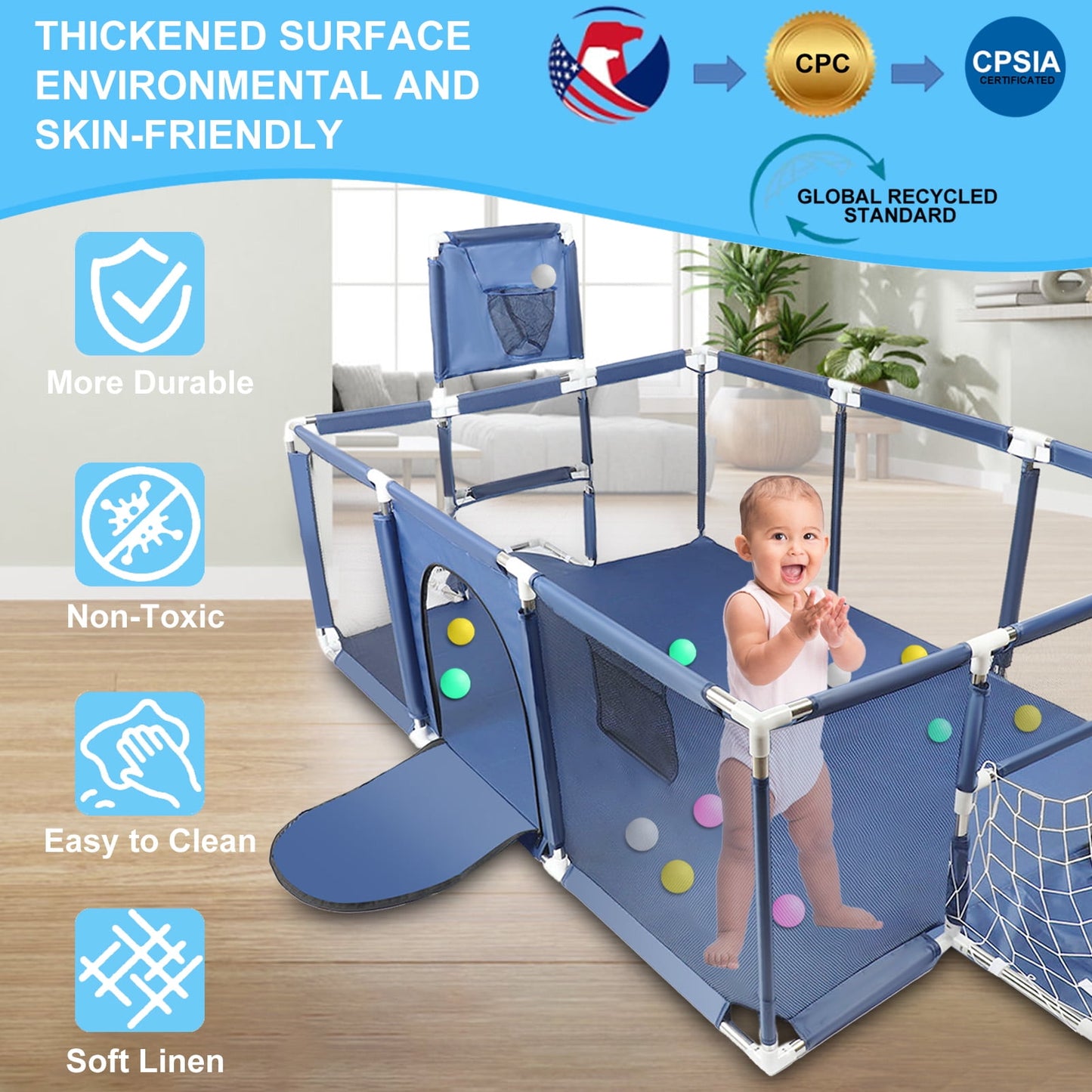 Extra Large Playpen for Toddlers, 71 inch Baby Playpen with Basketball Hoop, No Gap Kids Playpen Fence Play Area with Door/Soccer Net, Ball Pits for Toddlers, Infant Safety Gates(No Balls)