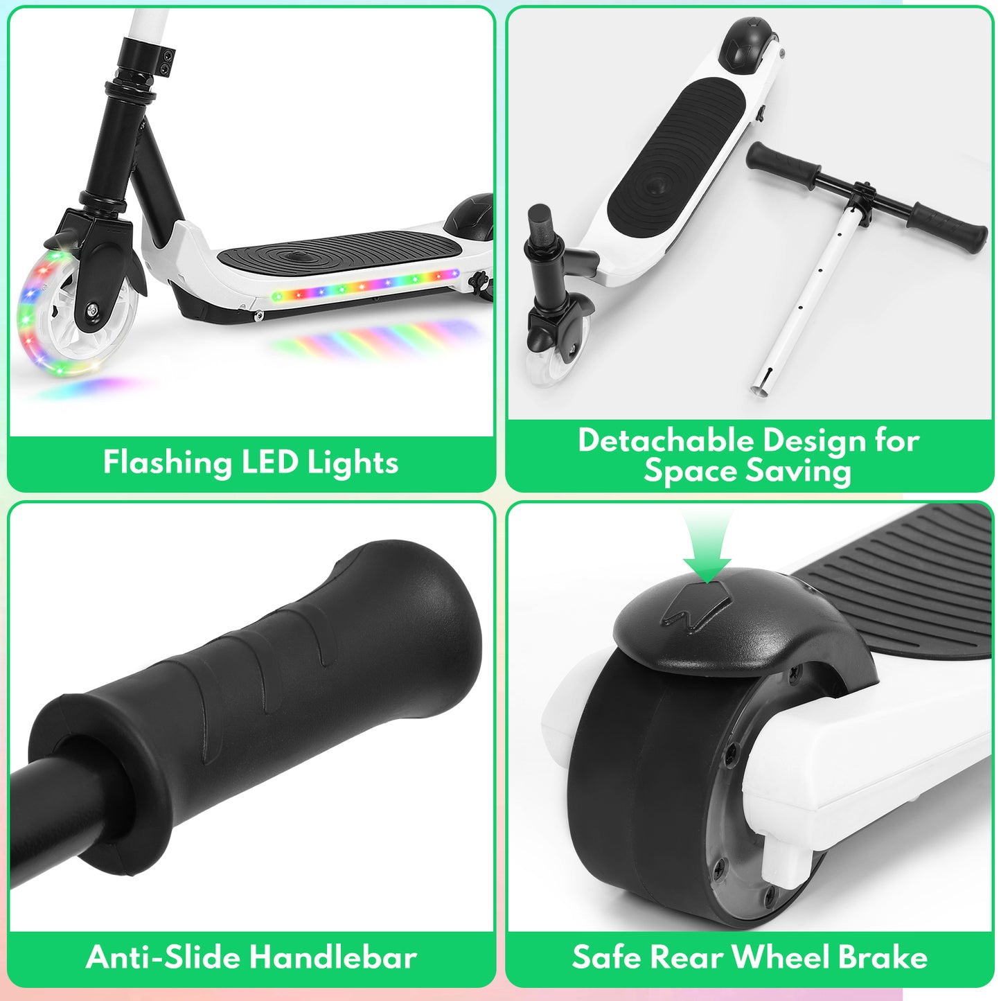 EOTVIA Electric Scooter for Kids Ages 6-12, White Powered E Scooter w/Colorful LED Lights, Foldable Electric Scooter w/3 Adjustable Height, Anti-Slip Handlebar,60W Motor,Max 5Mile & 3Mph,up to 132lbs
