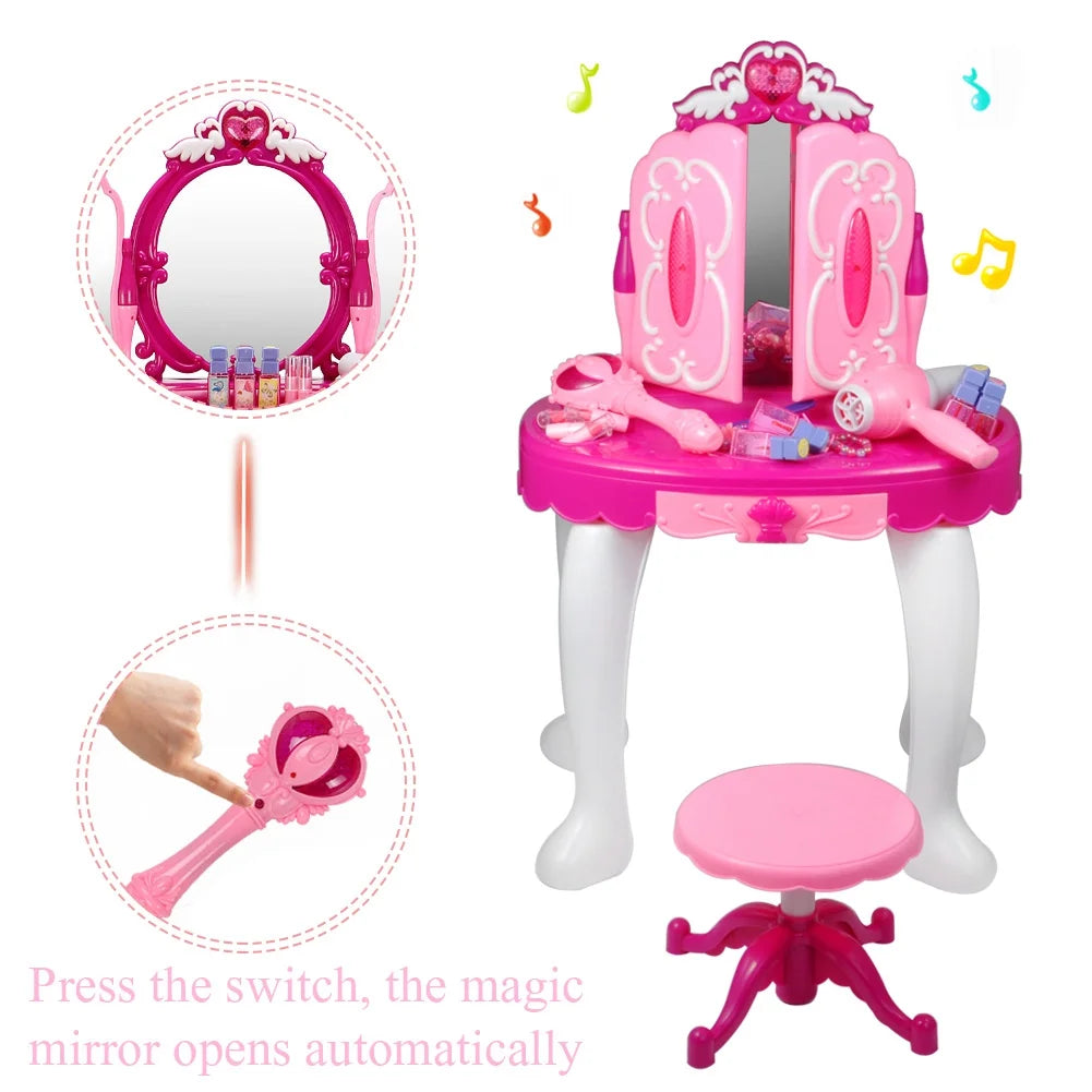 Toddler Vanity Makeup Table with Mirror and Stool, Kids Pretend Play Vanity Set with Accessories and Lights Music for 2-5 Years Old Girls Chrismas Gift, Pink