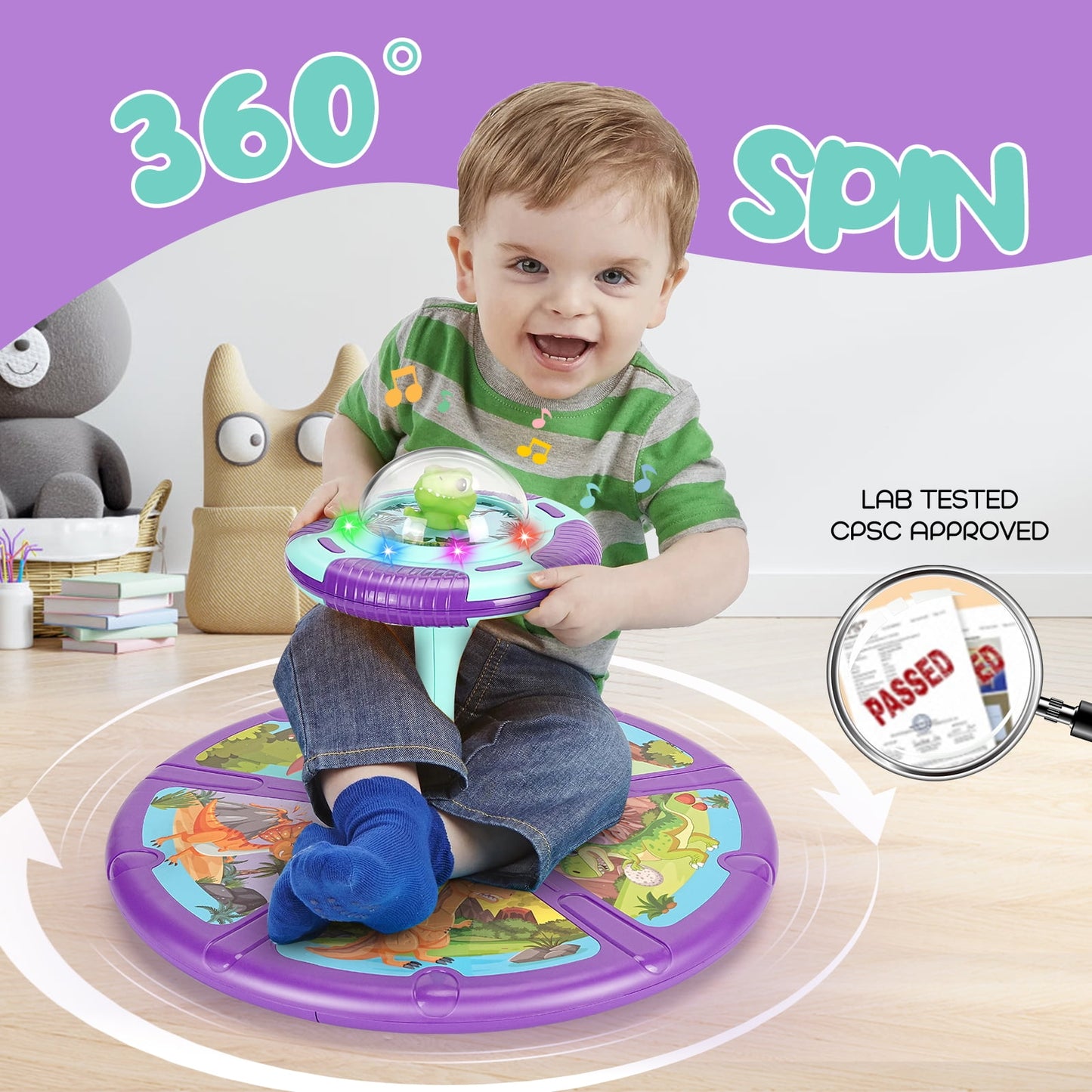 Dinosaur Sit and Spin Toys for Toddler Boys Age 1 2 3 with LED & Music, Birthday Christmas Gift for Boy Girl Age 2-4, 18+ Months