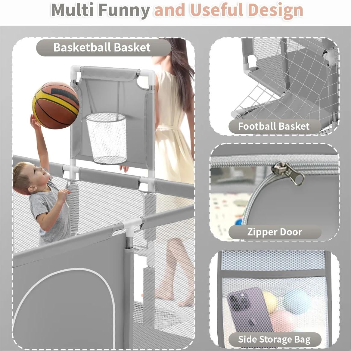 Extra Large Playpen For Toddlers, 71 Inch Baby Playpen With Basketball Hoop, No Gap Kids Playpen Fence Play Area With Door/Soccer Net, Ball Pits For Toddlers, Infant Safety Gates(No Balls)