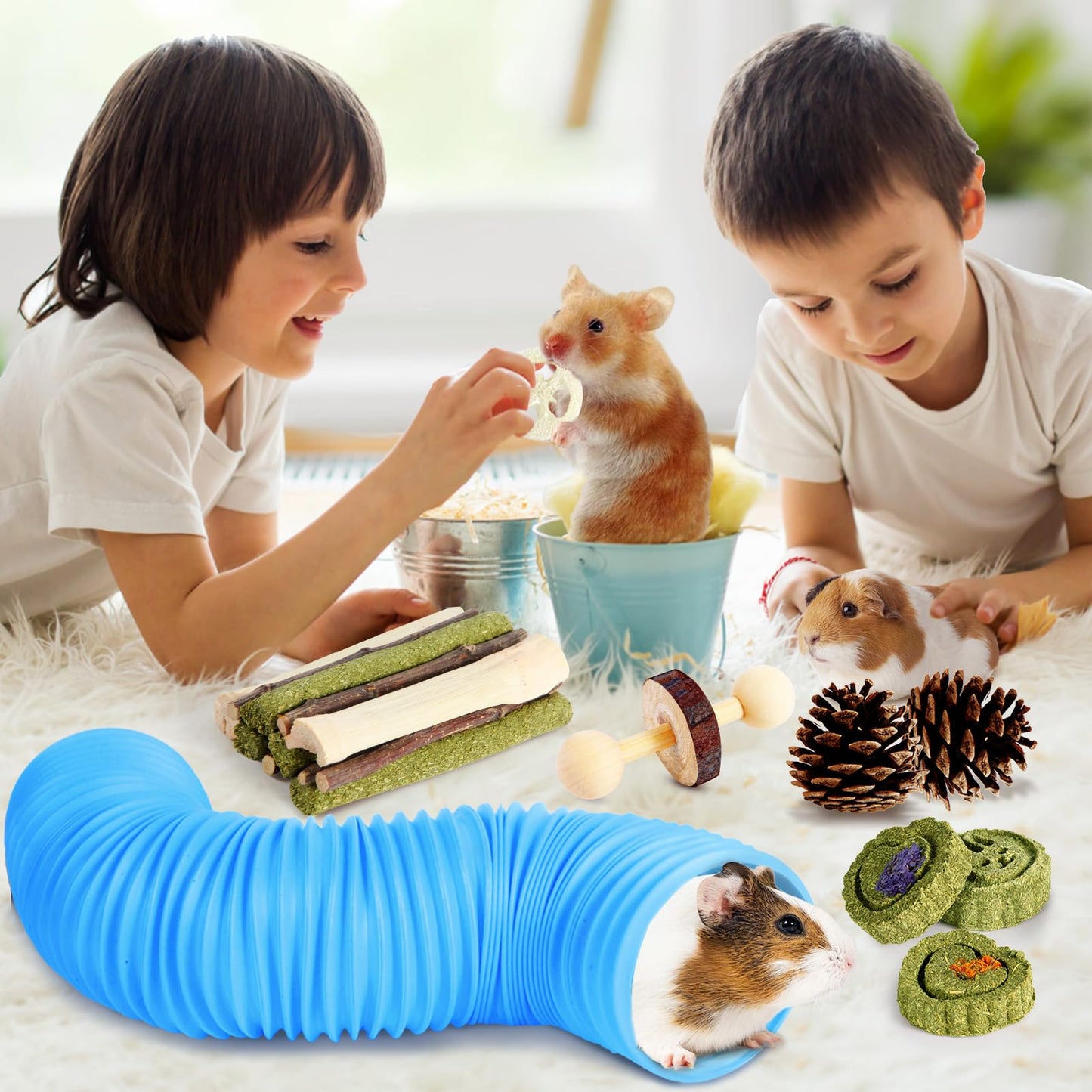 24 PCS Hamster Chew Toys, Natural Apple Wood Timothy Grass Bunny Toys, Small Animal Molar Teeth Care Toy Set, Cage Accessories for Hamsters, Guinea Pig, Rabbit, Chinchilla, Gerbil