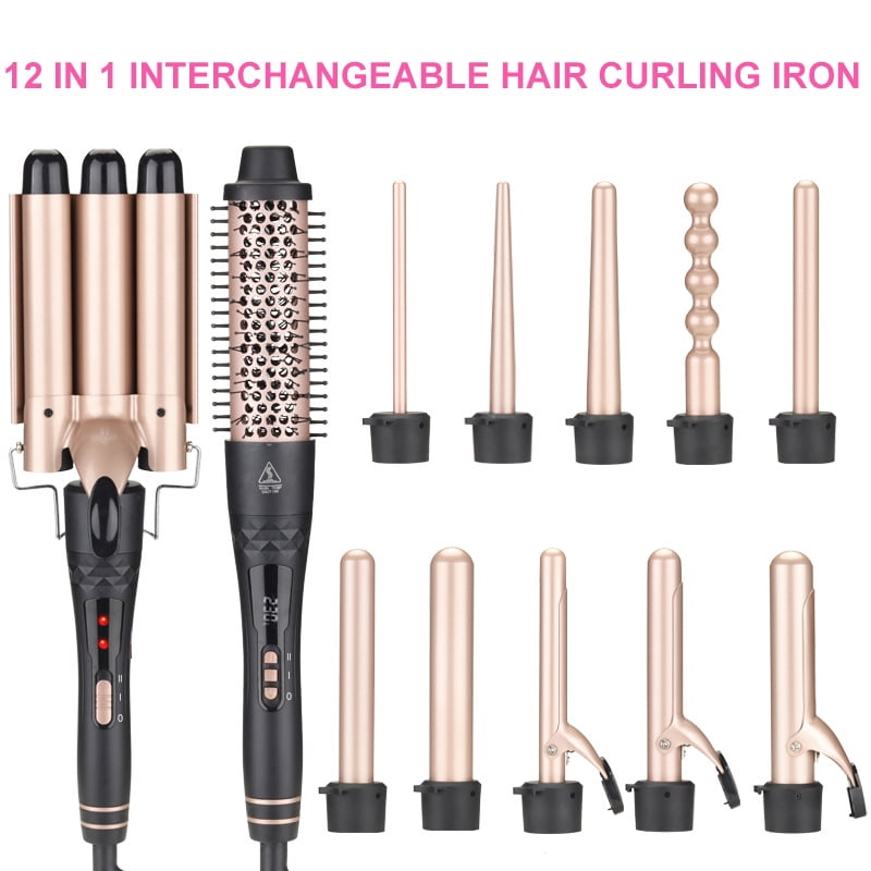 5 in 1 Curling Iron Wand LED Display Hair Wand Curler Set with 3 Barrel Hair Crimper for All Hair Type, Waver Curling Wand for Women, Rose Gold