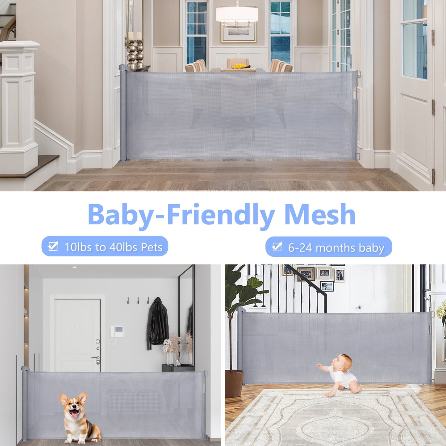 Retractable Baby Gate 35"x138" Extra Wide Mesh Dog Gate Child Safety Gate for Doorways, Indoor Outdoor Stairs, Gray