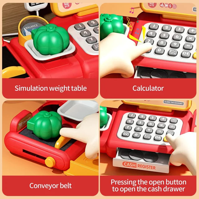 Toy Cash Register for Kids with Calculator, Light and Sound Scanner, Microphone, Pretend Play Shopping Food Toys - Cashier Playset Gifts for Ages 3-10