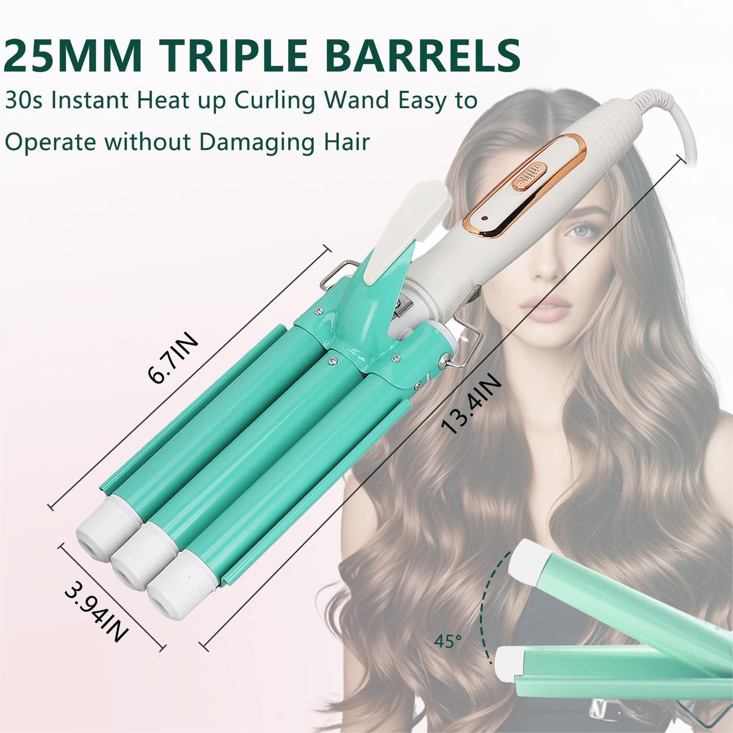 Hair Curler Wand, Gold Hair Curling Iron Anti Slip Safe Adjustable Temperature 360 Rotating Cord For Hair Salon