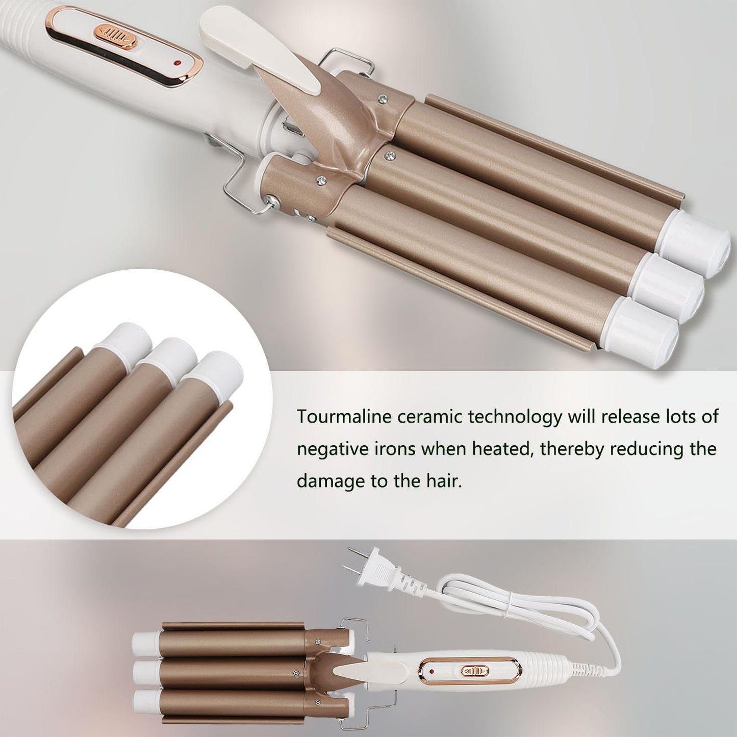 Hair Curler Wand, Gold Hair Curling Iron Anti Slip Safe Adjustable Temperature 360 Rotating Cord For Hair Salon