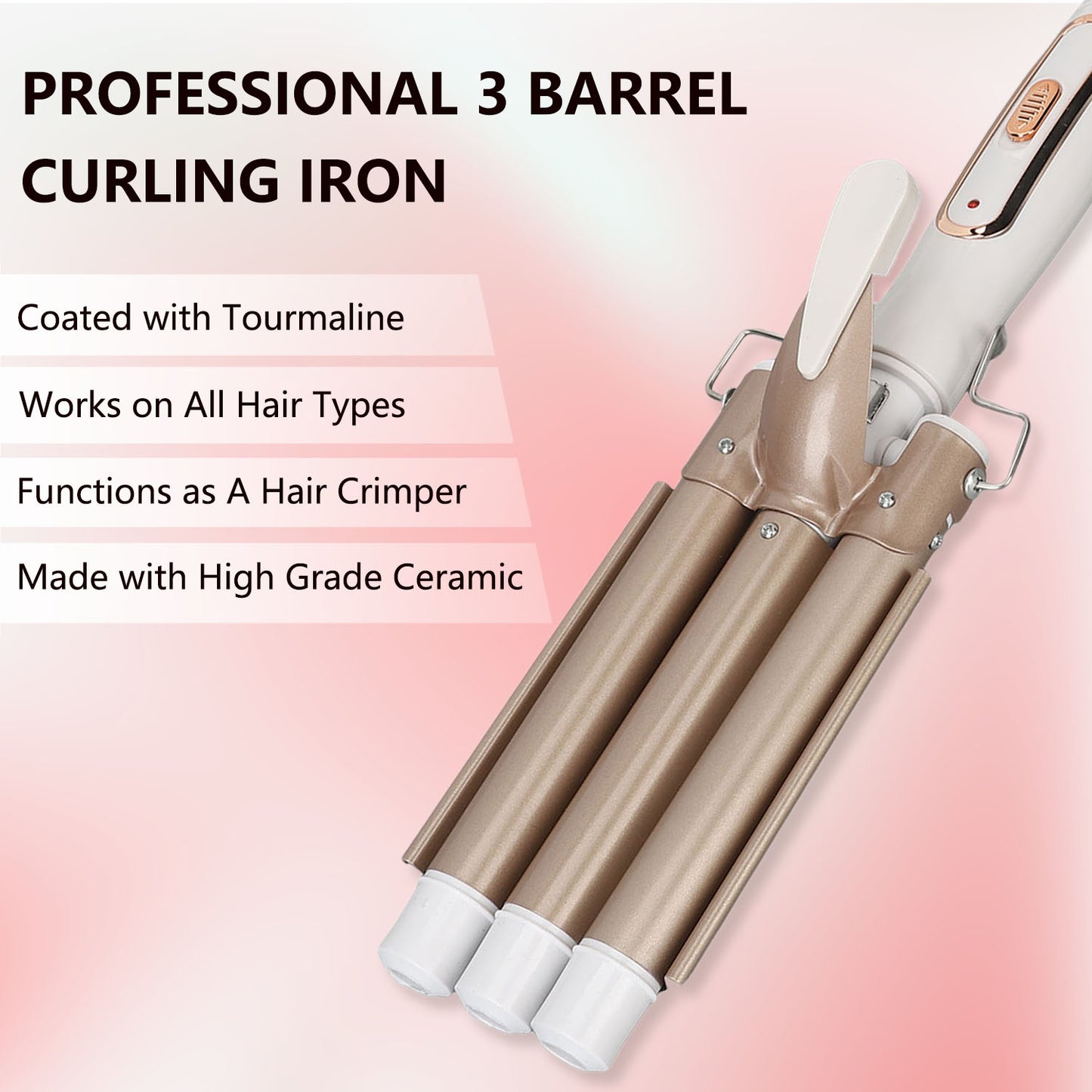 Hair Curler Wand, Gold Hair Curling Iron Anti Slip Safe Adjustable Temperature 360 Rotating Cord For Hair Salon