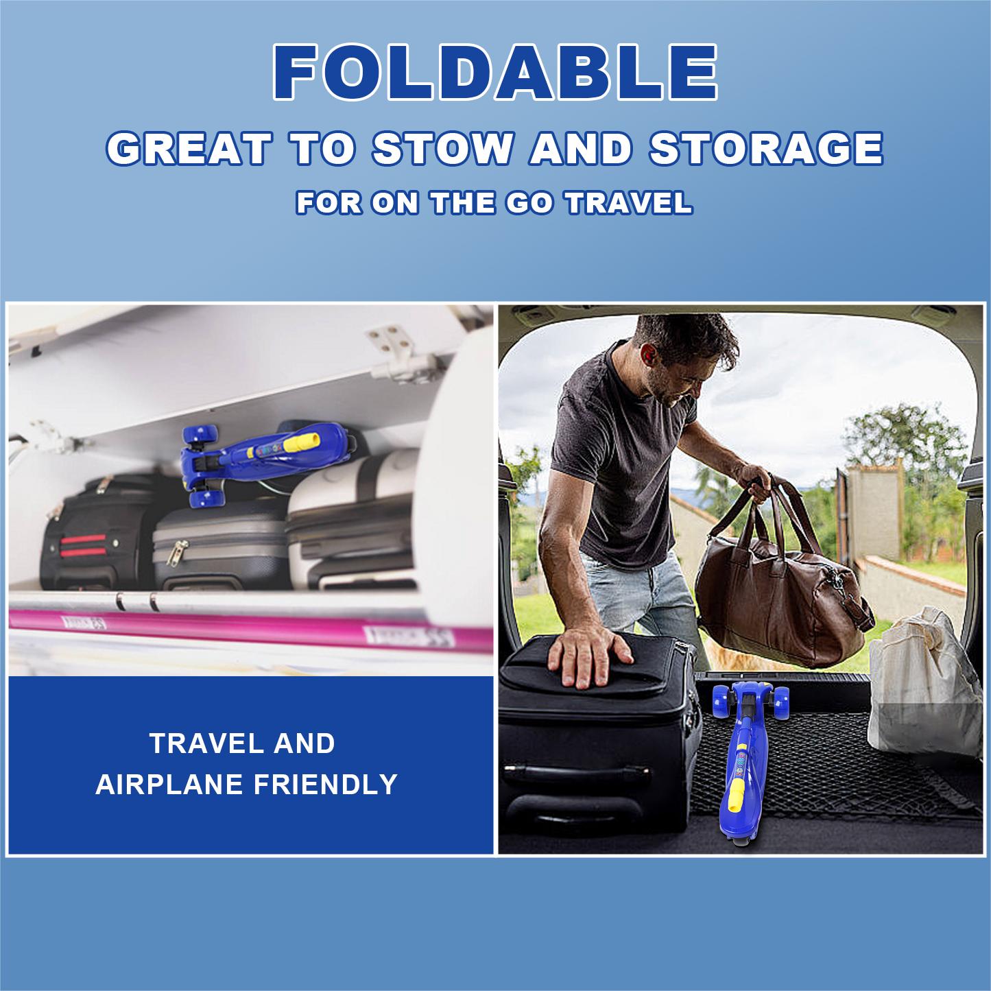 Eotvia 3 Wheel Scooter for Kids, Folding Kids Scooter with Seat, Blue Toddler Scooter with Adjustable Handlebar, Ride on Toys with Music Streamer LED Lights Rear Brake for Boys Girls Ages 3-5