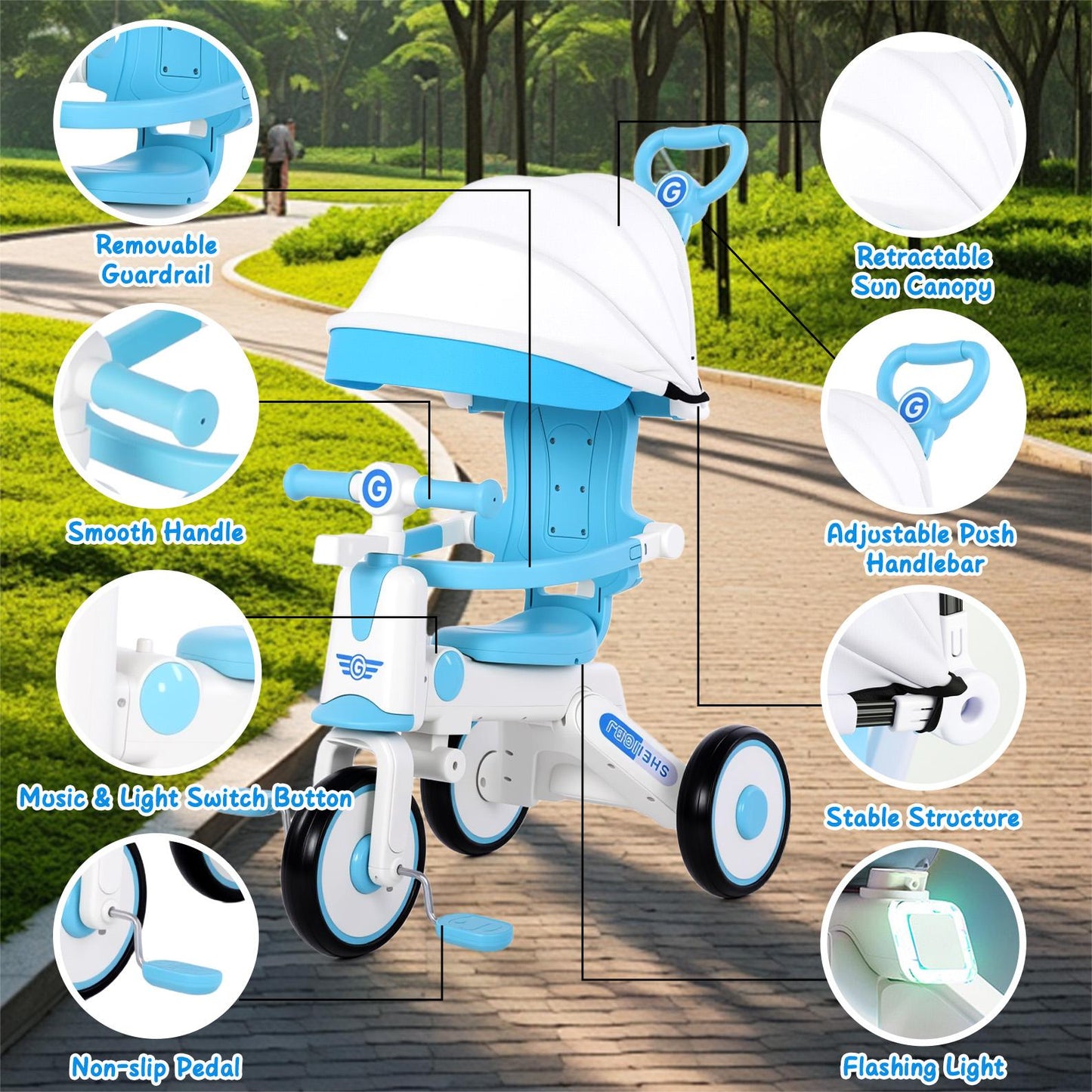 EOTVIA Tricycle for Kids, Toddler Tricycle with Light and Music, Kids Trike Beginner Tricycle with Removable Canopy, Baby Bike with Adjustable Push Handle, Toddler Bike for 1-4 Years Old Girls Boys