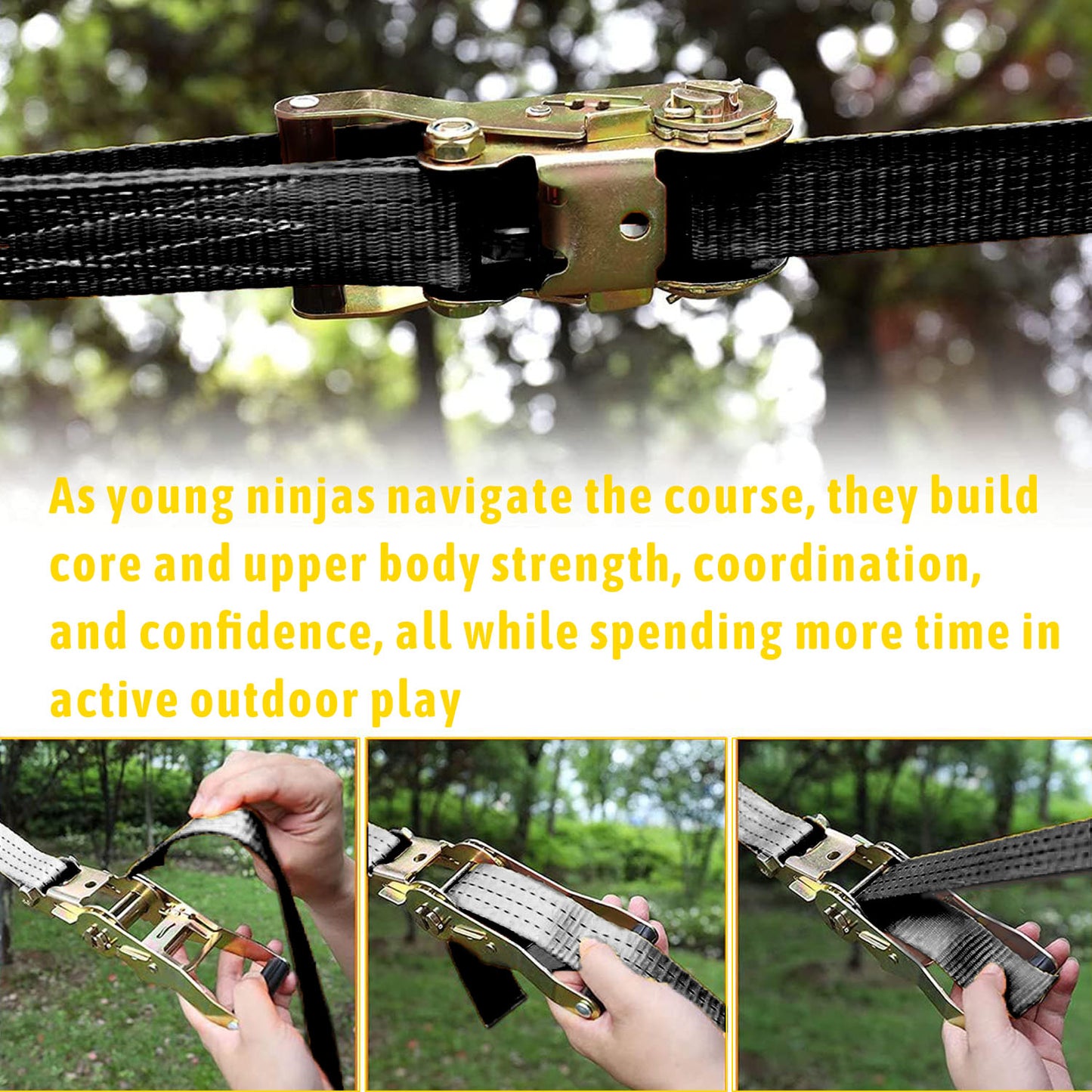50ft Ninja Warrior Obstacle Course for Kids, Slackline with 2 Gym Rings, 2 Monkey Bars, 3 Rope Knots, 9 Carabiners, 2 Storage Bags, Portable Outdoor Course Training Equipment Set for Backyard