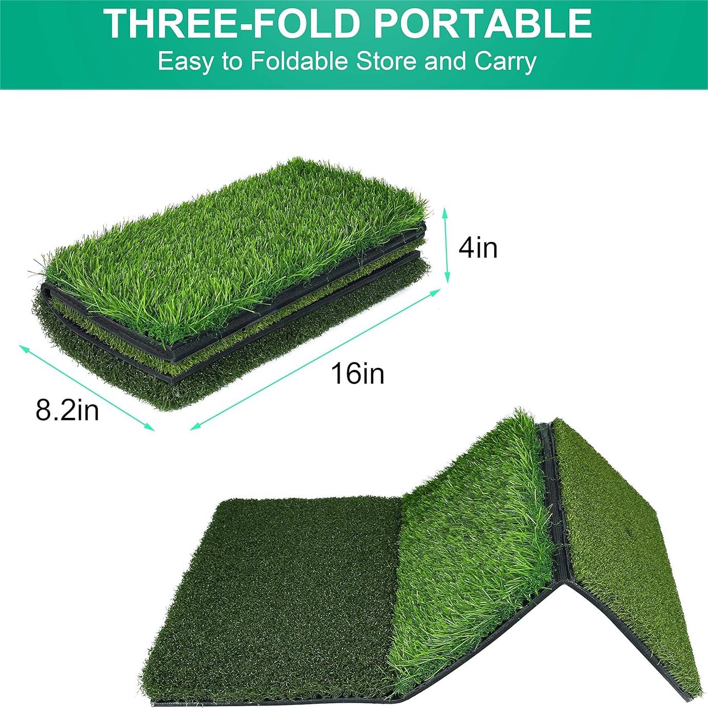 Professional Tri-Turf Golf Hitting Mat, 3-in-1 Foldable Golf Practice Mat, Heavy Duty Rubber Backing Portable Golf Practice Grass Mat for Indoor Outdoor Training Swing Chipping