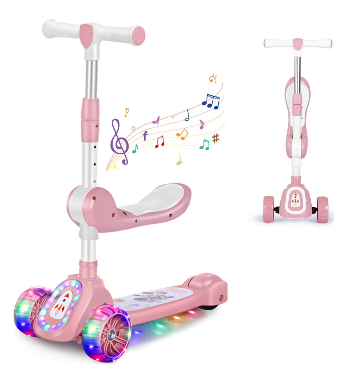 Kids Scooter with LED Lighted Wheels, 3 Adjustable Height Handlebars and Foldable Seat - Sit or Stand Ride, Lean-to-Steer & Widen Anti-Slip Deck, Scooters for Kids 3 YO & up, Pink