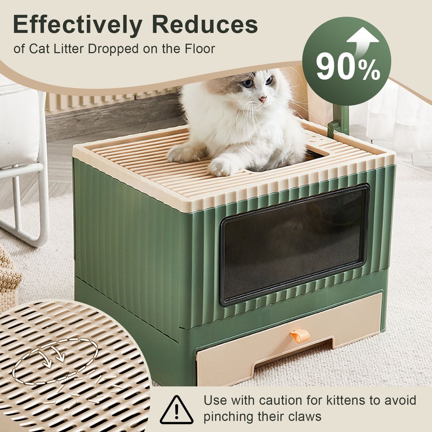 Enclosed Cat Litter Box Large with Lid Cover&Litter Scoop Foldable Cat Toilet Cat Self-Grooming Side Panel w/ Easy Cleaning Tray