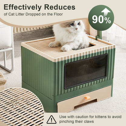 Enclosed Cat Litter Box Large with Lid Cover&Litter Scoop Foldable Cat Toilet Cat Self-Grooming Side Panel w/ Easy Cleaning Tray