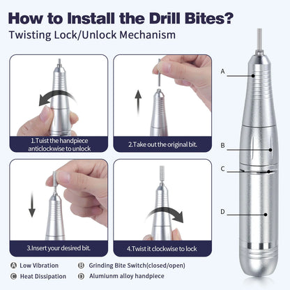 Electric Nail Drill, Cordless Portable Electric Nail File Set with 6 Bits, 45000RPM Professional Rechargeable Forward & Reverse Nail Drill Kit with Display, for Acrylic Nails/DIY Manicure & Pedicure