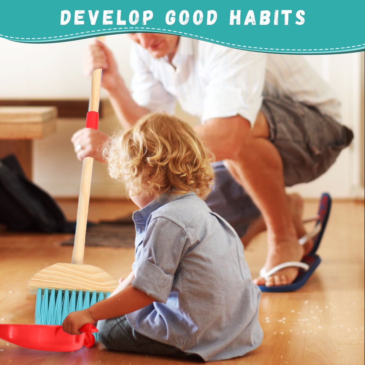 Wooden Kids Cleaning Set, Pretend Play Kit Toddler Role Play Toys Kids Broom and Mop Set for Girls Boys Age 3+, Christmas Birthday Gift for Girls Boys