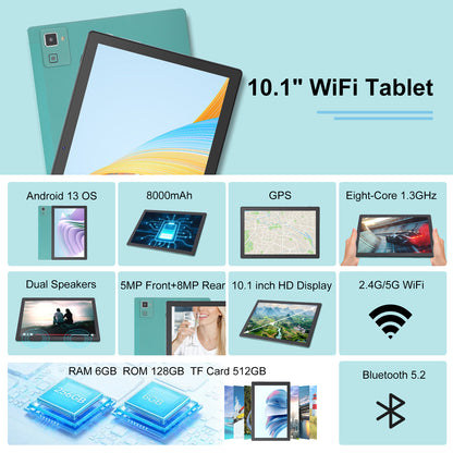 10.1 Inch Tablets for Kids, Android Tablet 128GB ROM 512GB Expand, 1920*1080 IPS Screen 8-Core Processor 5MP+8MP Dual Camera WiFi Bluetooth, Green