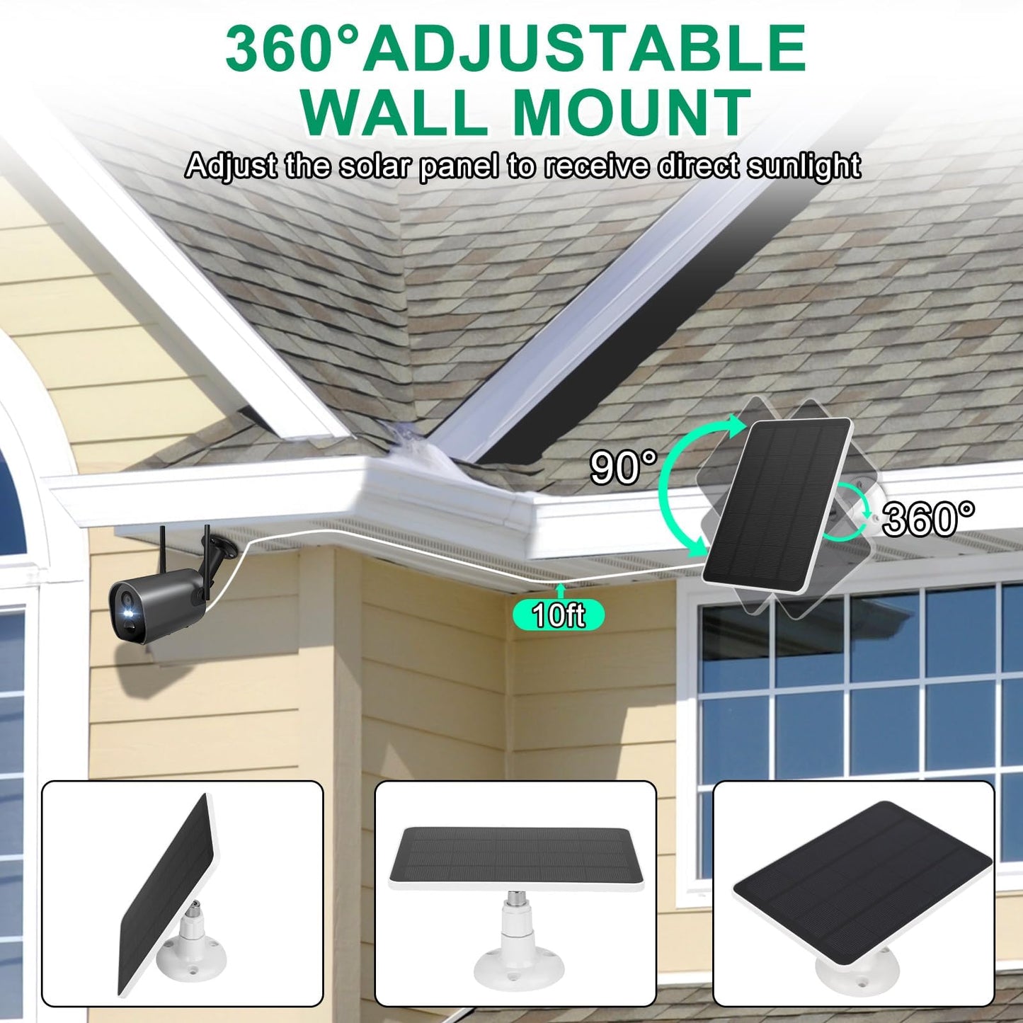10W Solar Panel for Security Camera, USB C Port Solar Panel for 5V Outdoor Rechargeable Battery Camera Doorbell Light, 360° Adjustable Security Mount, 9.8ft Cable, IP65 Waterproof Rating