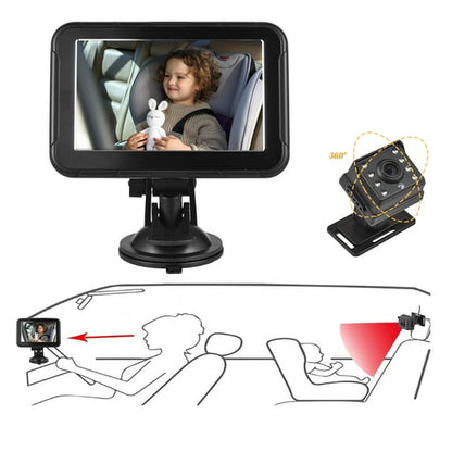 1080P Baby Car Camera Baby Car Monitor Backseat Camera for Kids 5-inch Mirror Display 360°Rotation 150°Wide Angle Support Night Vision with Car Charger Camera Bracket