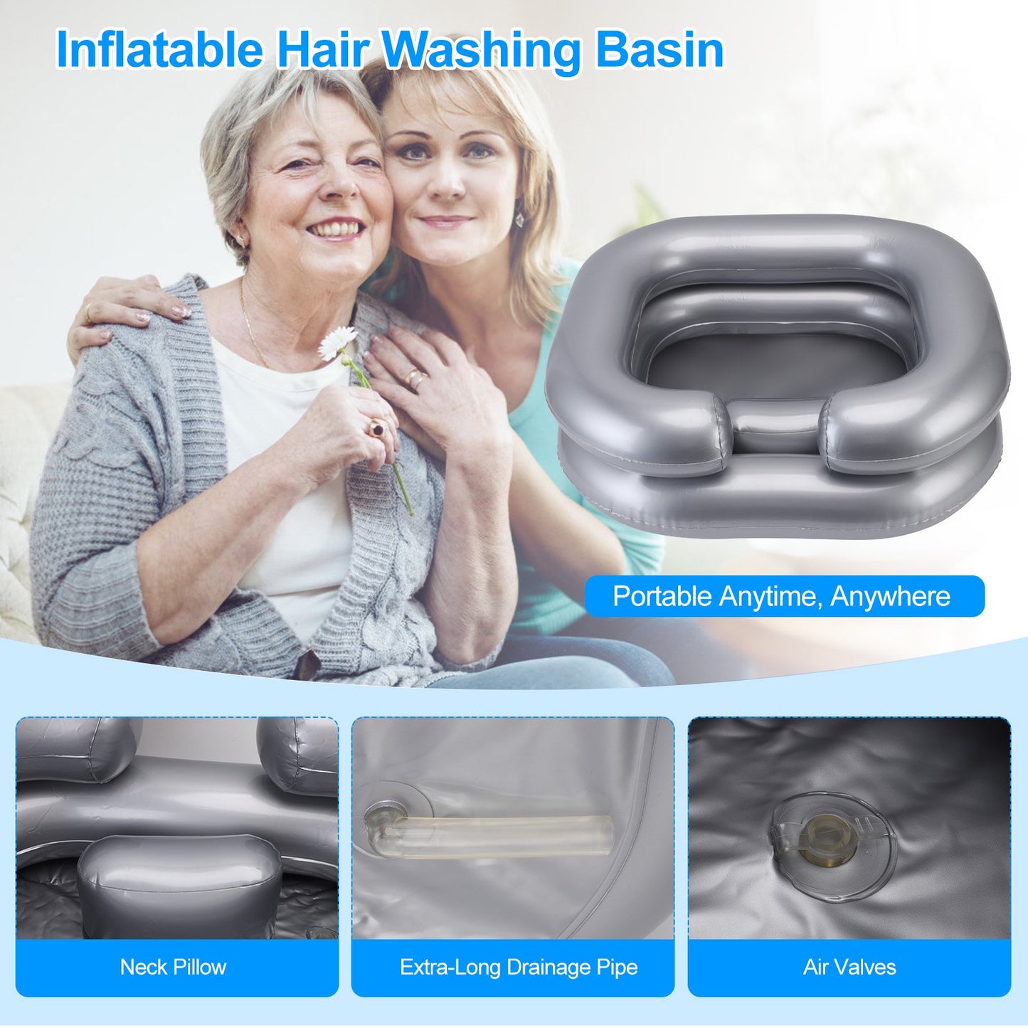 Inflatable Shampoo Bowl Foldable Wide Neck Opening PVC Portable Shampoo Basin with 39inch Drain Hose for Home Travel