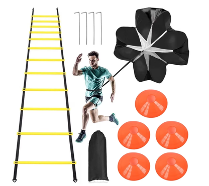 Eotvia Agility Ladder, 20 ft Speed Training Equipment Includes 12 Rungs, 1 Running Parachute, 5 Disc Cones, 4 Steel Stakes, 1 Carry Bag, Speed Agility Training Set for Football Basketball Hockey