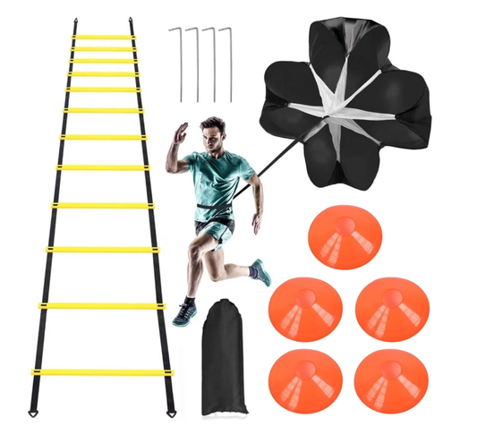 Eotvia Agility Ladder, 20 ft Speed Training Equipment Includes 12 Rungs, 1 Running Parachute, 5 Disc Cones, 4 Steel Stakes, 1 Carry Bag, Speed Agility Training Set for Football Basketball Hockey