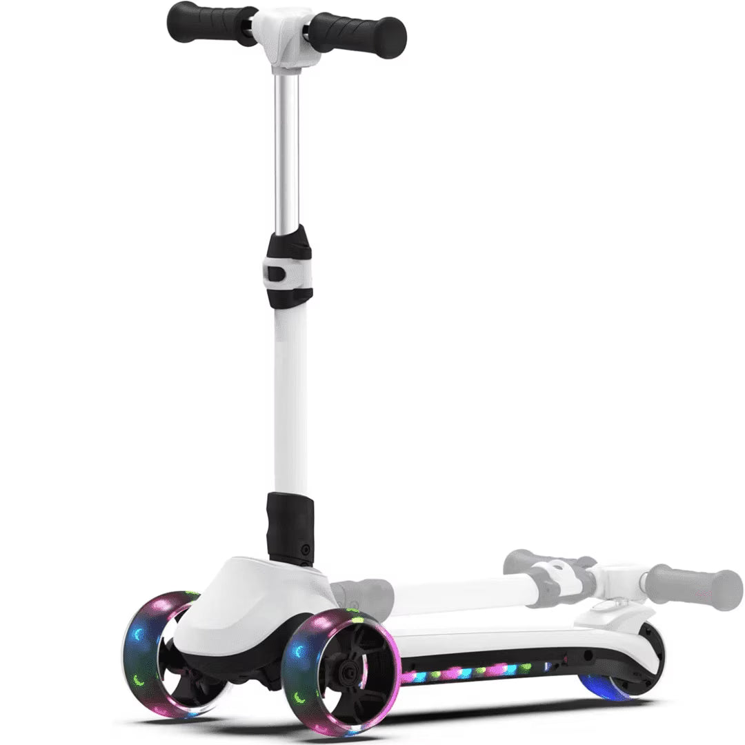 Foldable Electric Scooter for Kids Ages 4+, Thumb Throttle, Flash Deck & 3 Extra Wide Light Up Big Wheels, 3 Heights Adjustable, 5 MPH Safe Speed, Super Lightweight Kick Scooter for Kids