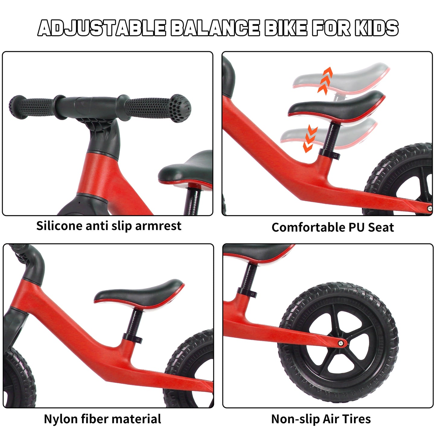 12-Inch Balance Bike No Pedal Lightweight Bike for Boys Girls 1.5 to 4 Years Old, Toddler Bike with Adjustable Seat, Carry Handle