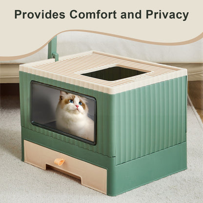 Enclosed Cat Litter Box Large with Lid Cover&Litter Scoop Foldable Cat Toilet Cat Self-Grooming Side Panel w/ Easy Cleaning Tray