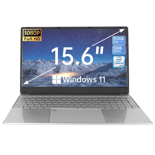 15.6 inch Laptops, Windows 11 Student Laptop Computer with 12GB RAM 512GB SSD, 2.9GHz Quad Core Intel N5095, WiFi, Bluetooth, Fingerprint, Backlit Keyboard, 1920*1080 FHD IPS Screen, Silver