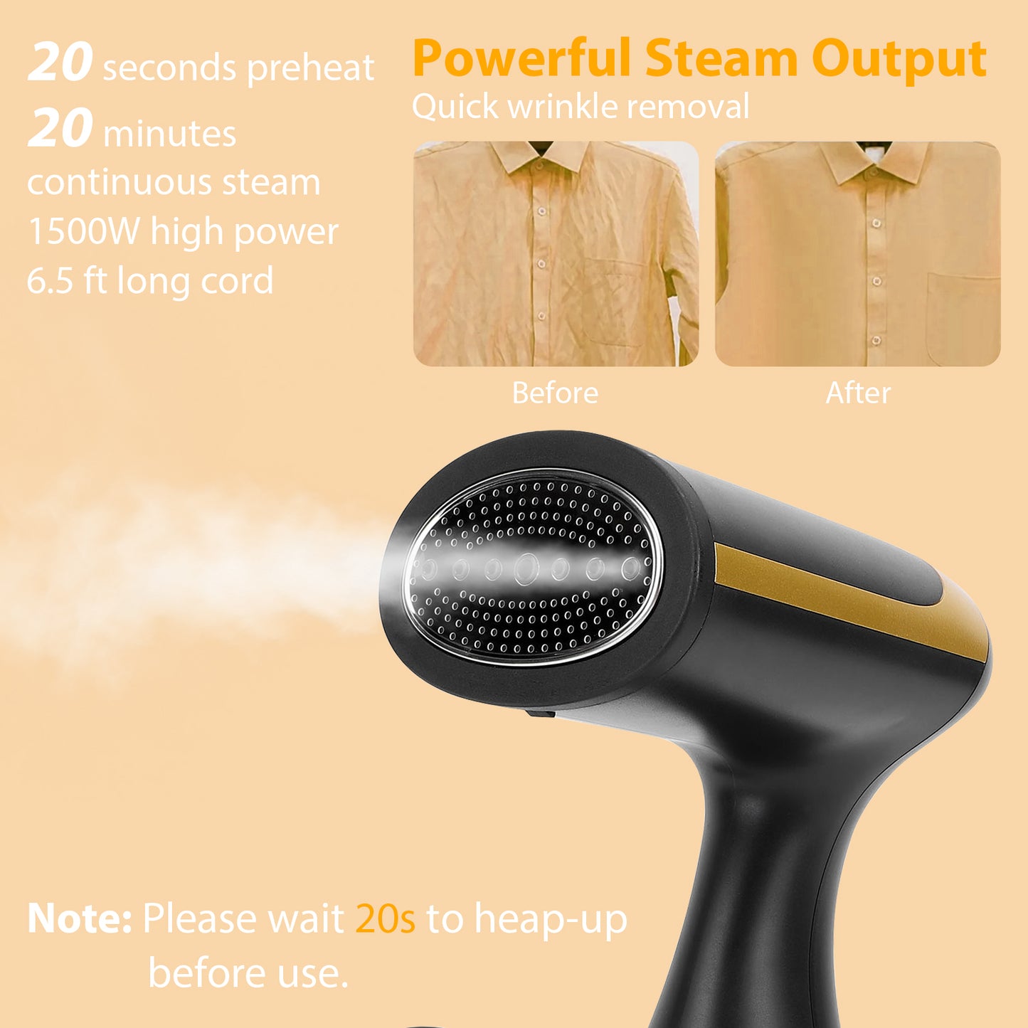 Handheld Garment Steamer for Clothes, 1500W Fabric Steam Iron for Home and Travel, Portable Handheld Design, 300ml Water Tank, 20s Quick Heat, Auto-Off