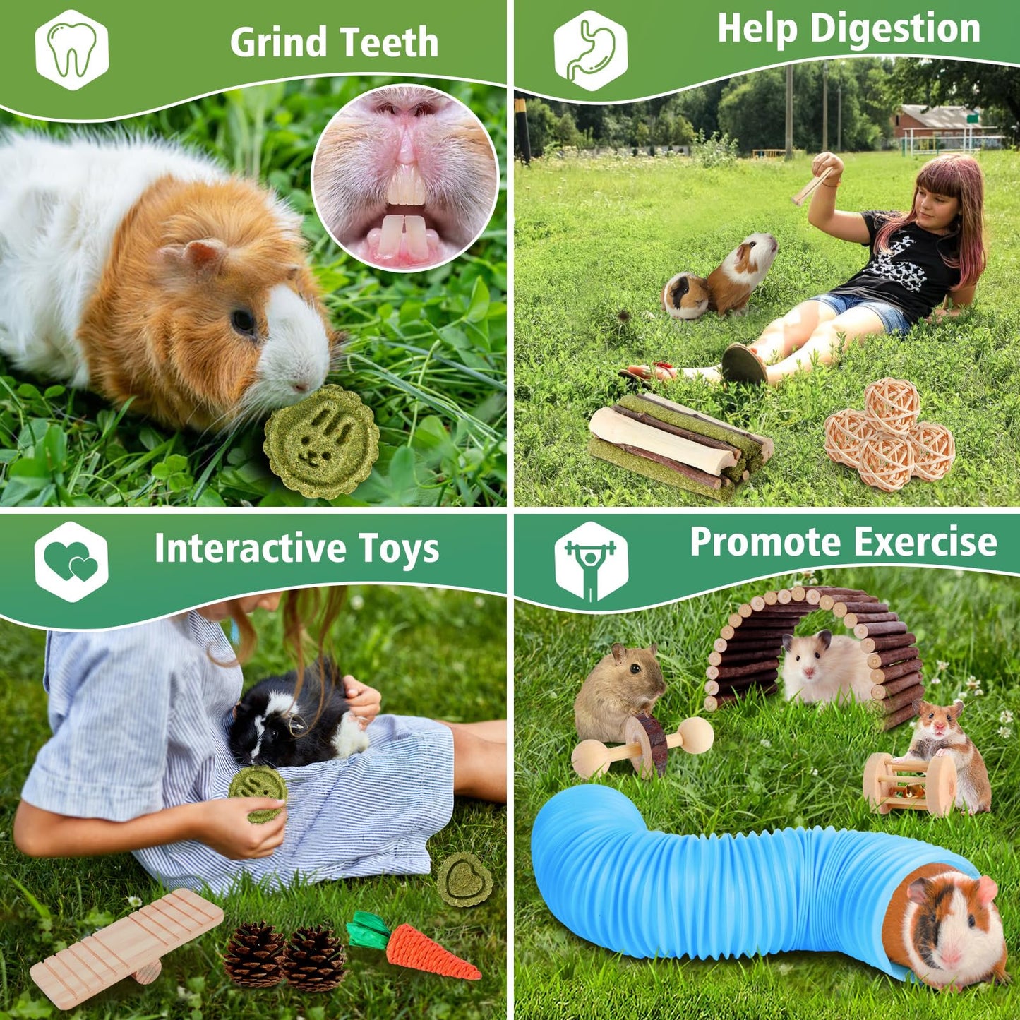 24 PCS Hamster Chew Toys, Natural Apple Wood Timothy Grass Bunny Toys, Small Animal Molar Teeth Care Toy Set, Cage Accessories for Hamsters, Guinea Pig, Rabbit, Chinchilla, Gerbil