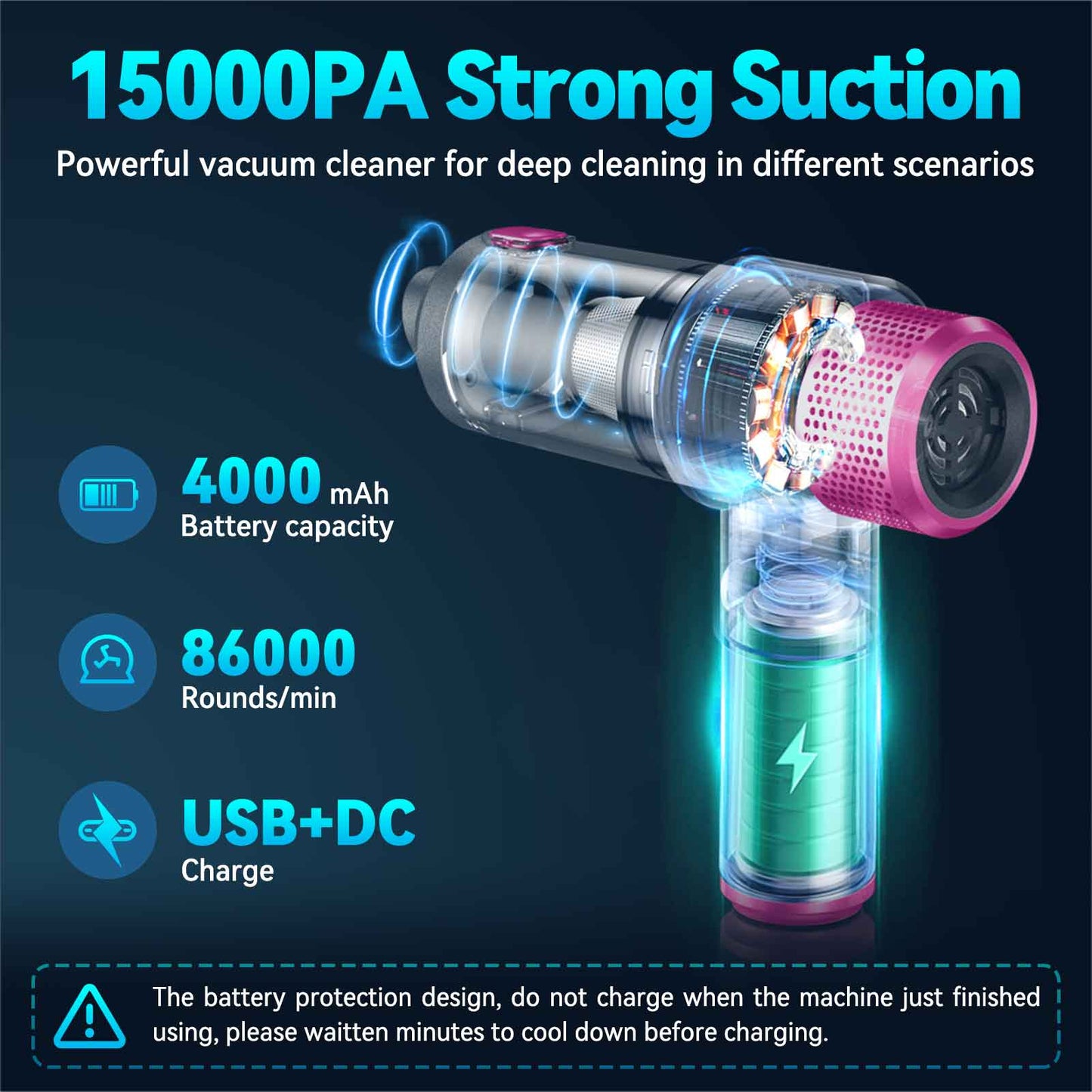 4 In 1 Car Vacuum Cleaner,Cordless 120W/15000PA Powerful Sutions Handheld Vacuum with LED Light, 4000mAh Battery Mini Vacuum Blow & Suction for Car,Keyboard,Inflatin and Pet Hair