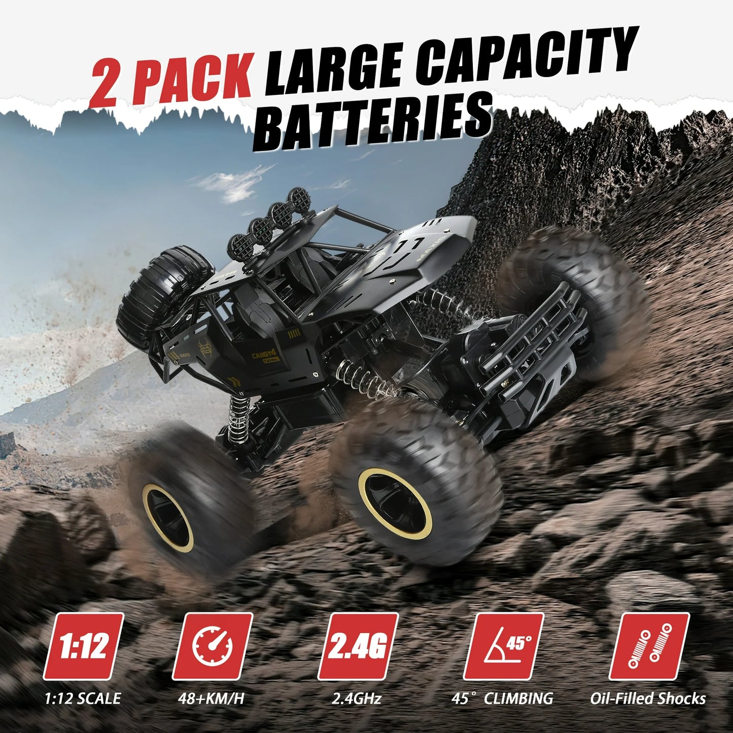 Remote Control Cars, YLSHRF 1:12 Scale All Terrain RC Monster Trucks Car with 2.4 GHz ,4WD Waterproof Off-Road Truck with Two Rechargeable Batteries,for Kids Adults Age 6 + Birthday Gifts (Black)