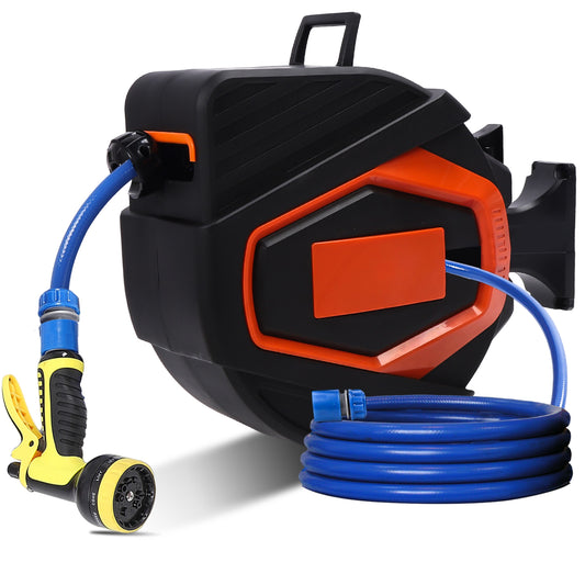 Retractable Garden Hose Reel 5/8 In X 100 Ft Automatic Wall Mounted Water Hose With 10 Pattern Nozzle Any Length Lock Slow Retraction 180 Swivel