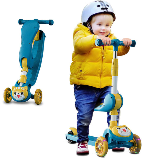 3 Wheel Scooter for Kids, Foldable Kids Kick Scooter with Light Up Wheels and Foldable Seat, Kids Scooter with Adjustable Height, Rear Brake and Music, Ride on Toys for for Girls Boys Kids 3 YO & up