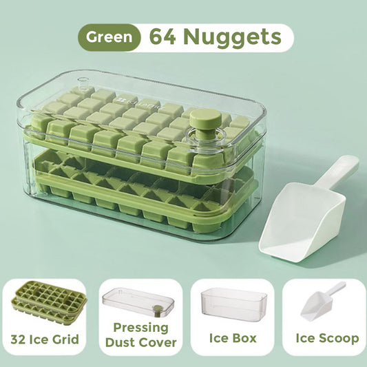 Ice Cube Tray for Freezer, 64 Nuggets Ice Cubes Molds with Lid and Bin, Silicone Ice Freezer Container, Spill- Removable Lid & Ice Scoop, for Whiskey,Cocktail ,Green