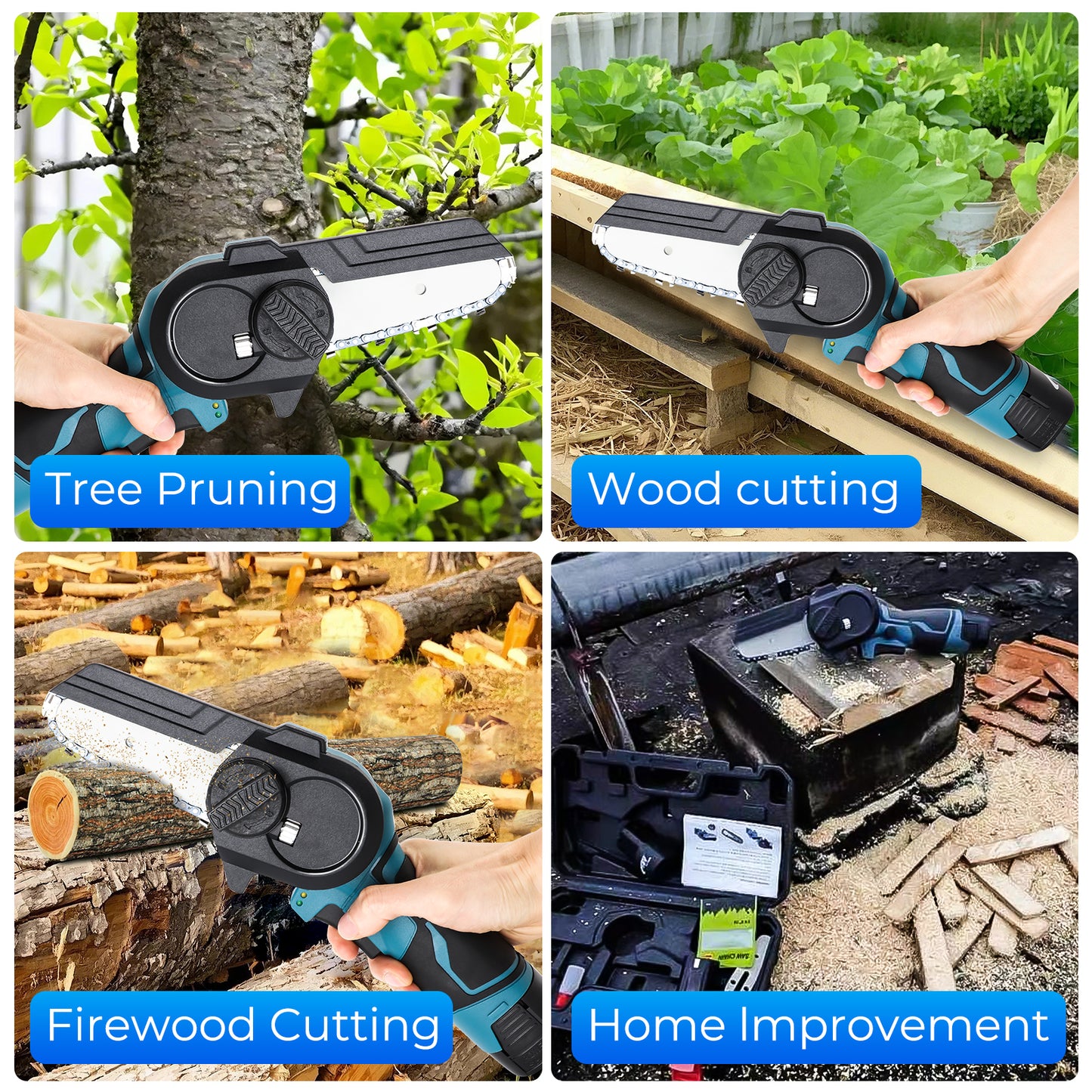 Mini Chainsaw 4-Inch Cordless Electric Portable Chainsaw with Safety Lock, One-Hand Lightweight, Pruning Shears Chainsaw for Tree Branch Wood Cutting (Chainsaw+ 2 x 2.0Ah Batteries+ 2 x Chains)